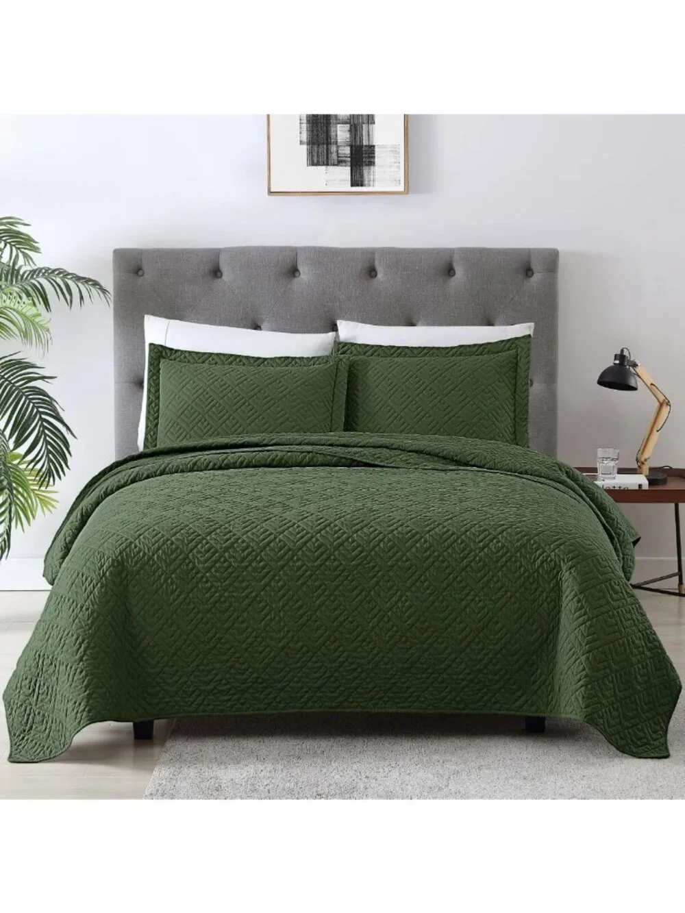 Queen Size Quilt Set - Summer Squares Pattern, Olive Green Bedspread, Cozy